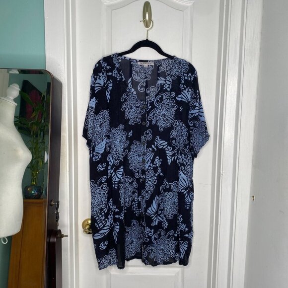Roaman's Blue Floral Short Sleeve Lightweight Button Down Rayon Top, 18W #291 - Picture 5 of 10